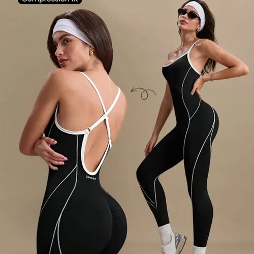 Women's Yoga Jumpsuit, Backless Sports Jumpsuit, Sporty Outdoor One-Piece, Seamless Knitted Cut-Out Design, Above-the-Ankle Length, All Seasons, Tight Fitting Jumpsuit, Yoga Workout Jumpsuits