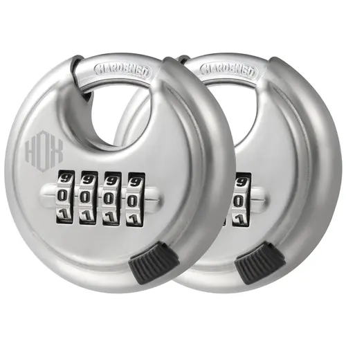 HOX Stainless Steel Disc Lock - 4-Digit Keyless Security Lock, 3/8in Shackle Diameter, 2-3/4in Wide Hardened Body, All-Weather Durability, Pick-Resistant Brass Cylinder, Round Shield, for Home Security, Storage Units