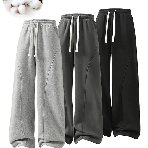Women's Fleece Thermal Lined Straight Sweatpants, Wide Leg Baggy Basic Style Athletic Joggers Pants with Drawstring Waistband, Youth Girl Cute Casual Comfy Trouser for Spring Autumn and Winter Minimalist Womenswear Bottom