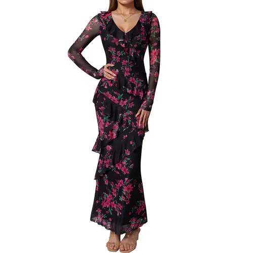 OYS Women's Fall Long Sleeve V Neck Floral Ruffle Maxi Dresses Formal Bodycon Cocktail Wedding Guest Dress