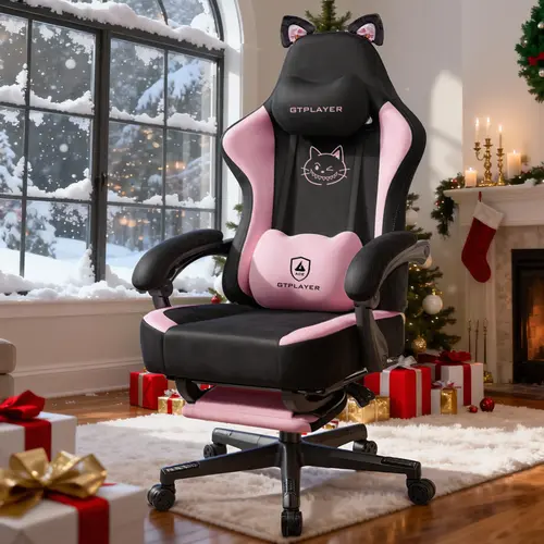 GTPLAYER Classic Pink PU Leather Ergonomic Game Chair - Adjustable Video Gaming Chair with Cat Ears, Paw Print Design, Lumbar Support, Cushion, Reclining Function, Footrest, 300lbs Load Capacity for Girls