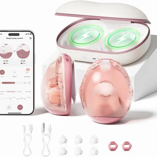 Momcozy Air 1 Wearable Breast Pump,Ultra-Slim with Wireless Charging Case | Ultra-Slim Hands-Free,Top-View Visible, App Control, Auto Mode Switching, Milk Tracking & Full-Collector Alerts, 6oz