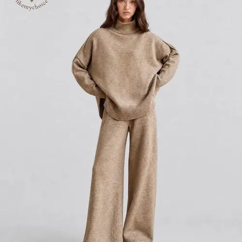 LikeMyChoice Lazy Thickened Knit Pants Suit Loose & Simple Design for Daily & Workleisure Regular Fit in Polyester Fashionable & Warm Trouser Womenswear Style Clothes Turtleneck