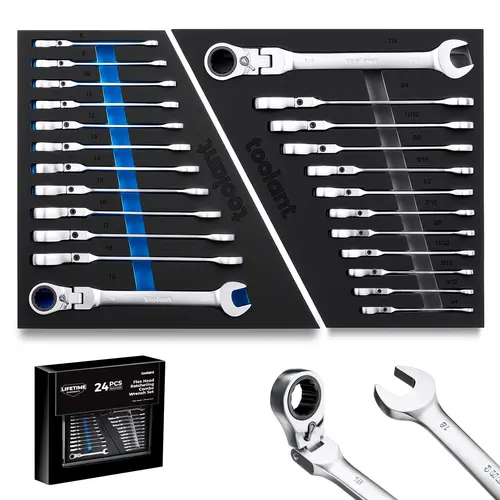 toolant 24-Piece Multifunctional Ratchet Wrench Set for Mechanics, Flex-Head Combination Wrenches with Switch Design, 8-19mm & 1/4"-7/8" Sizes, 90-Tooth 4° Swing, Heat-Treated Steel Stands Up to Wear, Auto Repair & DIY Maintenance Tools with Storage Tray,