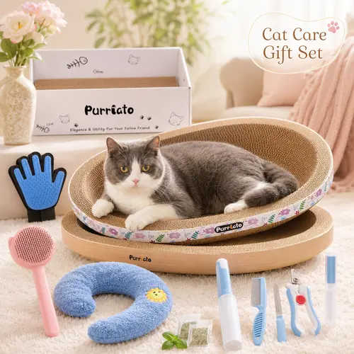 Cat Scratcher Lounge Bed for Indoor Cats, Cat Scratch Pad Sofa with Grooming Kit, Includes Bath Brush, Nail Clipper, Comb & Cat Care Accessories, Cozy Scratch Lounge for Kittens and Cats