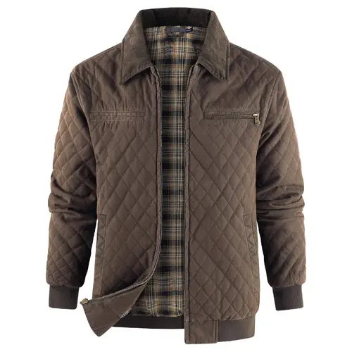 Zaitun Men's Stylish Casual Quilted Cotton Jacket - Classic Collared Neck, Plaid Checked Outerwear, Long Sleeve, Chic Checked Lining, Zipper Pockets, Mens Tops