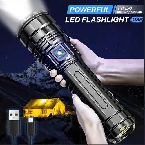 High Performance LED Tactical Flashlight - USB Rechargeable, Zoomable, 15000mAh Batteries, Long-Distance Lighting, Mobile Power Function, Digital Display, for Emergency, Hiking, Hunting