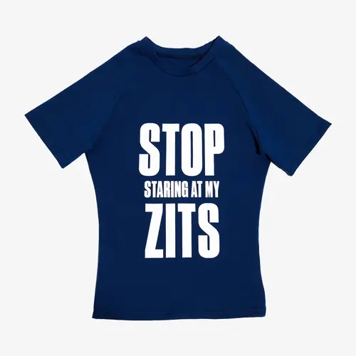 Women's Lady Retro Soft Short-Sleeve Round Neck Slogan Graphic Tee - Spandex-Nylon Blend, Breathable, Lightweight, Loose-Fitting, Machine Washable, Lagos-Inspired "Stop Staring at My Zits" Bold Print Streetwear Casual Top