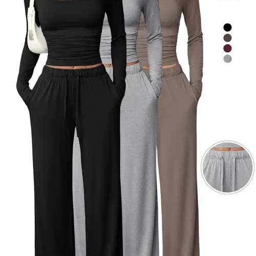 Women's 2-Piece Loungewear Set, Matching Pajama Set, Square-Neck Long-Sleeve Crop Top and High-Waisted Wide-Leg Drawstring Pants with Pockets, Casual Sportswear for Everyday Wear and All Seasons