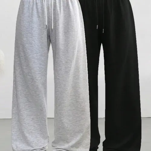 Women's Casual Drawstring Wide Leg Pants, 2 Pack Simple Solid Color Lounge Wear, Comfortable for Spring Summer Fall Daily Use