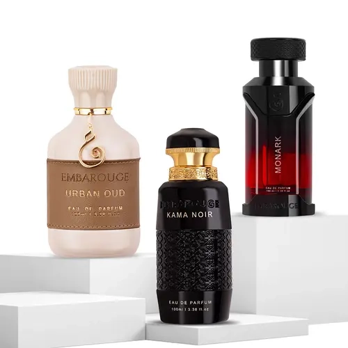 EMBAROUGE Urban Oud, Kama Noir & Monark Perfume Combo for Men & Women | 3x100 ml / 3.4 Fl. Oz. | Urban Oud: Wood, Oriental & Fougere | Kama Noir: Fresh, Amber & Vanilla | Monark: Apple, Spicy & Amber | Gift Set | Eau de Parfum (EDP)