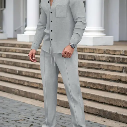 Men's Waffle-Knit Textured Casual Lounge Set, Stand-Collar Long-Sleeve Jacket with Pockets & Drawstring Pants, Versatile Comfortable Clothing Set for Spring & Fall, Casual Style Set