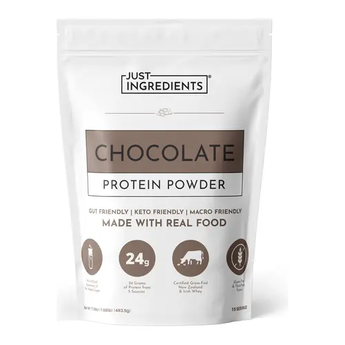 Just Ingredients Chocolate Protein Powder – 15-Serving Blend with 100% Grass-Fed Whey & Organic Plant Proteins – Rich Cocoa Flavor – Supports Muscle Recovery, Energy & Satiety* – No Artificial Sweeteners or Fillers
