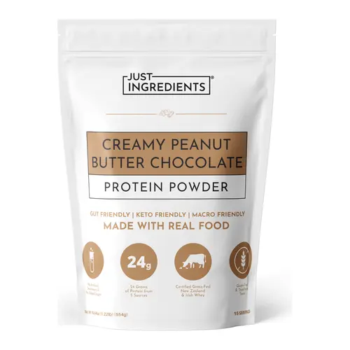 Just Ingredients Creamy Peanut Butter Protein Powder – 15-Serving Blend with Grass-Fed Whey, Pea, Pumpkin Seed, Chia & Collagen – No Sugar Added – No Gums 24g Protein
