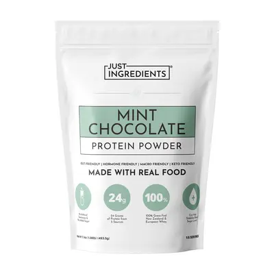 Just Ingredients Mint Chocolate Protein Powder – 15 Serving Bag – Grass-Fed Whey & Plant Protein Blend with Real Cocoa & Peppermint –Sweetened, Non-GMO, Gluten-Free, No Artificial Flavors