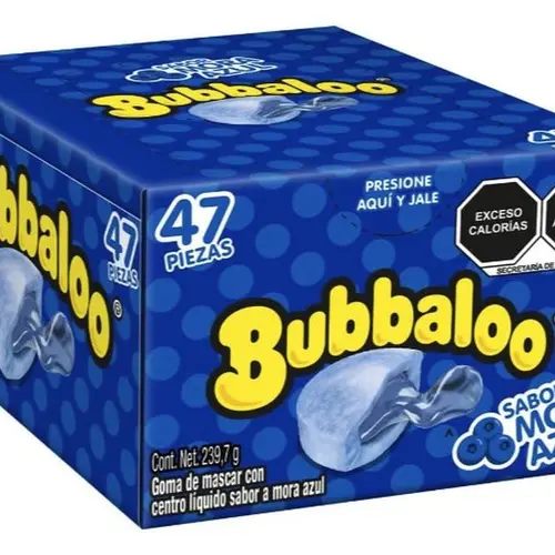 Bubbaloo Mora Azul Chewing Bubble Gum with Liquid Filled Center, Box of 47 Pieces, Mexican Candy, Dulces Mexicanos Sweet Party