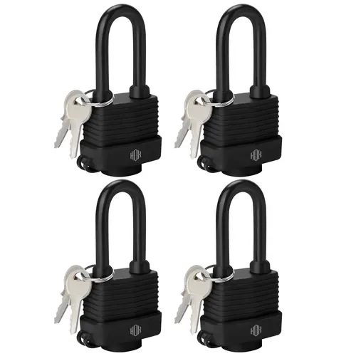 HOX 4-Pack Secure Weather Resistant Padlocks - 40mm Laminated Alloy Steel, Chrome-Plated, 2-in Vinyl-Wrapped Shackle, Waterproof Advanced Protection Keyed Locks for Outdoor, Box & Cabinet Use, Secure Lock