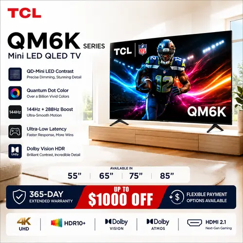 TCL QM6K Series 4K QD-Mini LED Smart TV with Google TV | New Halo Control System, 144Hz Native Refresh Rate, Local Dimming Pro & High Brightness Pro, Onkyo 2.1 Audio | 55"-98" , Netflix, Sports