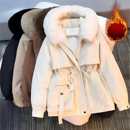 Women's Winter Sport Waist Cotton Coat Long Sleeve Thick Layer Casual Fitted Black Basic Keep Warm Jackets for Sports & Everyday Wear