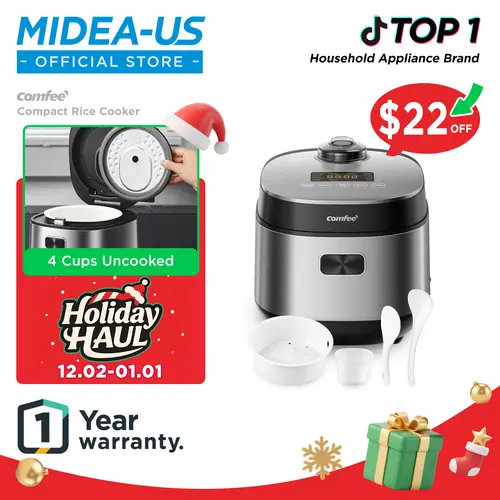 COMFEE' Compact Rice Cooker 8 Cups Cooked/4 Cups Uncooked, 9-in-1 Multi Cooker, Fast Rice Maker, Steam, Brown Rice, Grains, Fuzzy Logic Technology, Grey, Hoiday Haul, Gift