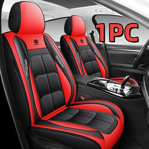 1PC Black-Red PU Leather Front Car Seat Covers, Full Coverage Sporty Luxury Auto Interior Upgrade, Premium Auto Accessories That Protects Seats, Leather‑Look Finish