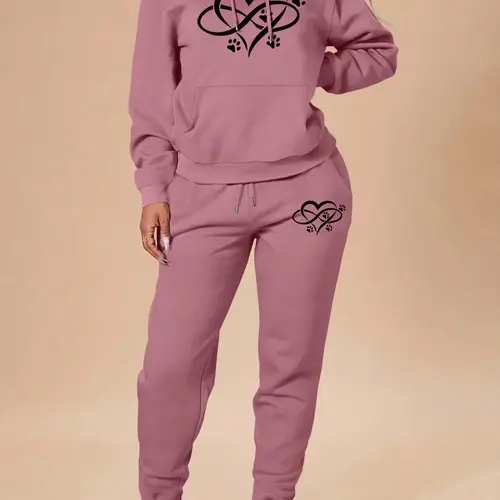 Valentine's Day Fall & Winter Casual Heart Print Hooded 2-Piece Sweats