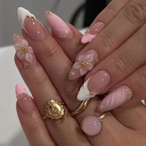 Elevate Your Style with 24pcs Medium-Long Almond French Press-On Nails with French Tip Design, Easy-to-Wear Acrylic False Nail Set with Gel Petal Design, Nails Press Ons, Fake Nails