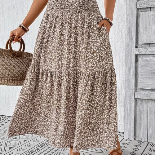 Women's Plus Size Fall Floral Long Skirt, Loose-Fitting Mid Waist Casual Style Skirt, Unlined Plain Surface Skirt for Everyday Wear