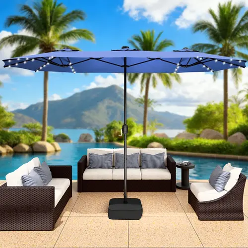 LEVELEVEL 15FT Heavy Duty Double-Sided Outdoor Sun Parasol Umbrella - Retractable Modern Canopy, Adjustable Shade, All-Weather UV Protection, Solar LED Lights, Sturdy Base, Outdoor Fabric for Garden, Poolside Gatherings (Canopies & Shade), Heavy Duty Cano