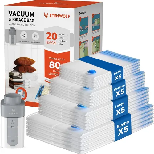 ETENWOLF 20-Pack Multi-Size Turbo Compression Vacuum Storage Bags Organiser - Rechargeable Wireless Fast Pump, Box, Turbo Valve, Thick PA+PE Resists Tears, 80% More Storage Space, Travel Ready for Sports & Outdoor Accessories, Clothes/Bedding, Reusable