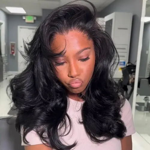 Salon Style At Home Sunber Affordable Pre-Styled 13x4 Body Wave Lace Frontal Wig with Side Bangs Layered Cut Wig-No-Fuss Glueless & Ready to Wear Beginner Friendly Pre Everything Natural Black Wig SummerTurnUp
