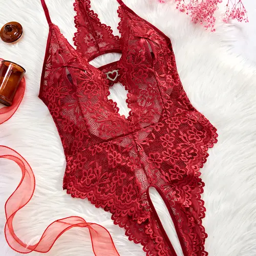 AgeRose Women's 1-Piece Halter Neck Backless Babydoll Lingerie - Adjustable Straps, Floral Lace, Burgundy/Navy Blue, Customizable, Lightweight, Breathable, Elegant Loungewear for Evening, Anniversary Gift - Do Not Dry Clean