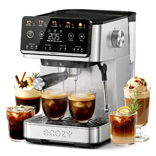 ecozy 4-in-1 Espresso Machine, Drip Coffee, Cold Brew, Over lce Coffee Machine, Hot Water, Touch Screen, Milk Frother Steam Wand, Stainless Steel, Coffee Maker for Cappuccino, Latte, Americano, Father's Day Gift