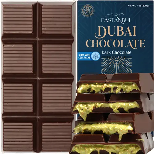 Eastanbul Dubai Dark Chocolate Bar with Pistachio & Kunafa, 7oz Viral TikTok Chocolate with Phyllo Dough | Ice Pack Included