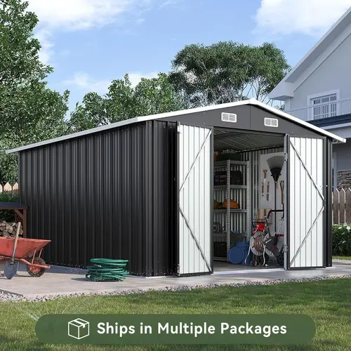 Aoxun 10x12FT Large Size Brown Metal Outdoor Storage Shed, Double Hinged Lockable Door, Metal Roofing Sloped Roof Utility Garden Shed for Garden, Backyard [On Sale], Shed Outdoor Storage, Enclosure Garden Buildings