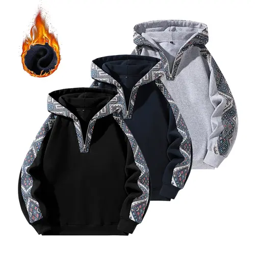Men's Fitted Paisley Half-Zip Hoodie Sweatshirt - Ethnic Look Menswear, Long Sleeve Polyester Pullover, Sport-to-Casual Wear for Sports, Machine Wash Male Tops