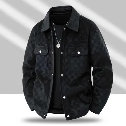 Men's Black Patterned Suede Wool Jacket with Front Flap Pockets and Button Closure, Suitable for Autumn Wear - Fashionable and Practical Top - Aesthetic - Fashion men outfits sohochic