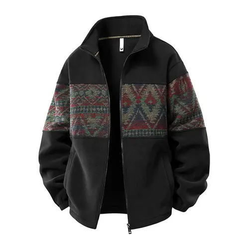 Men's Ethnic Pattern Full-Zip Fleece-Lined Long-Sleeve Menswear Cardigan Sweater Jacket - Stand Collar, Casual Loose Autumn-Winter Christmas Everyday Top#sohochic