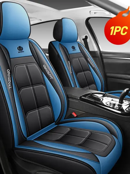 Stretch-Fit Leather Car Seat Covers, Blue-Black Color Block Automotive Accessories, Sporty Full-Surround Protection Car Interior Seat Cushions