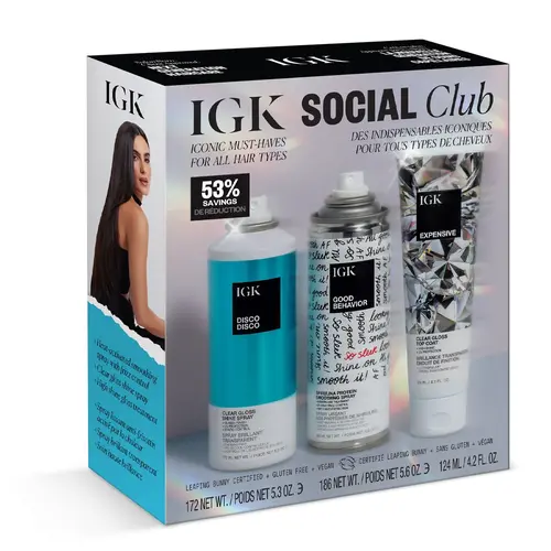 IGK Social Club Shampoo Haircare Trio - Keratin Conditioner, Good Behavior Smoothing Spray, Disco Disco High Shine Finish - Salon-Worthy Haircare for All Types