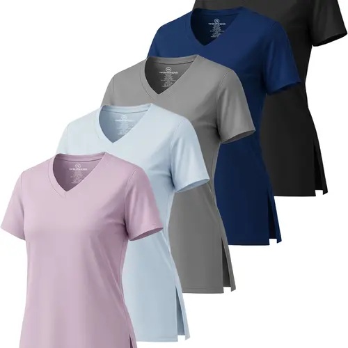 Real Essentials 5 Pack: Women's Short Sleeve Split Hem V-Neck T-Shirts, Athletic Tops, Gym, Workout, Yoga, Activewear (Plus)
