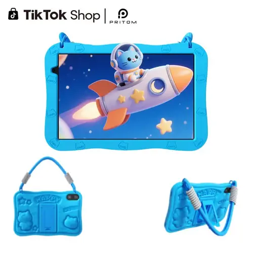 [Summerwins] PRITOM New Arrivals Kids Tablet 10 inch Android 16 8GB RAM 32GB ROM Dual Cameras WiFi 6 6000mAh Battery Protective Silicone Case Animal Flash Cards Educational Apps Toddler Gifts Stress Relief Case Pink Blue-Tablet Screen Kids Gift