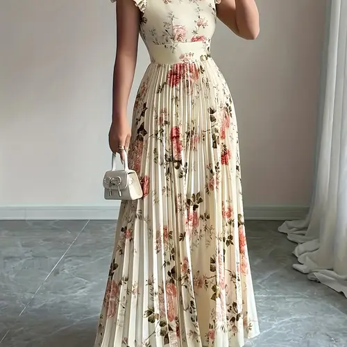 Elegant Women's Floral Print Ruffle Maxi Dress with Pleated Hem, Bohemian Romantic Dress, Stylish Comfortable Feminine Dress for Casual Wear in Summer and Autumn, Elegance, Floral Prints Dress
