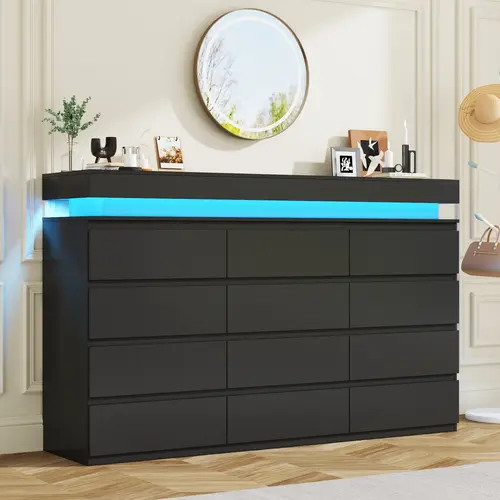 Tall Modern Drawer Chest Organizer - 9/12 Drawer Bedroom Dresser, Cabinet and Storage with LED Lighting, Built-In Charging Ports for Room Storage, Clothing Organization,dorm essentials,home decor