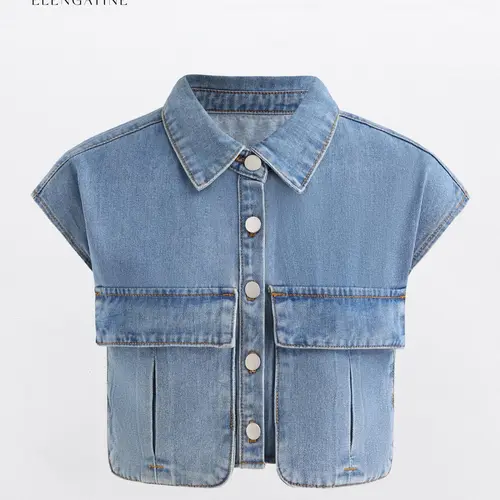 Women's Bohemian Basic Denim Vest, Polyester Cotton Blend, Rounded Collar, Wide Shoulders, Slit Pockets, Button Front Closure, Comfortable Elegance for Autumn Fashion,back to school,back to school shopping