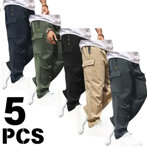 Men’s long pants, 5-pack – business casual bottoms suitable for spring, summer, and autumn; made from breathable, comfortable 100% polyester fabric with a straight-leg design that keeps you cool all day; ideal for all-day wear.