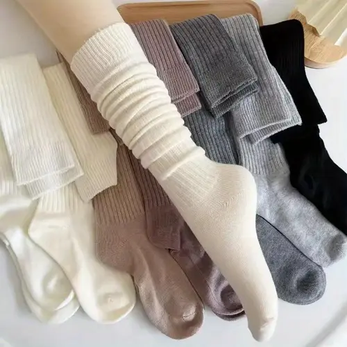 Women's 3/5 Pairs Warm Thick Calf Socks Slim Fit Solid Color with Side Stripes Machine Washable for Fall Winter Boots Casual Fashion Design Textured Winter Socks Minimalist Style Mix Color 3/5Pairs