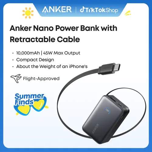 [Live Only]Anker Nano Power Bank, 10,000mAh Portable Charger with 2.3 ft Anker InstaCord Retractable Cable, 45W Max Compact Battery Pack, Smart Display, For iPhone 16 Series, iPad, Galaxy, Pixel, and More summervibes sohochic