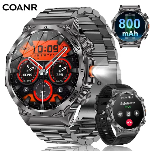 COANR Active Men's military smartwatch, 800mAh/1.7 inch AMOLED HD large screen smartwatch, phone sync information, wireless call, flashlight/multiple exercise modes /, fitness tracker watch for Android and iPhone, black