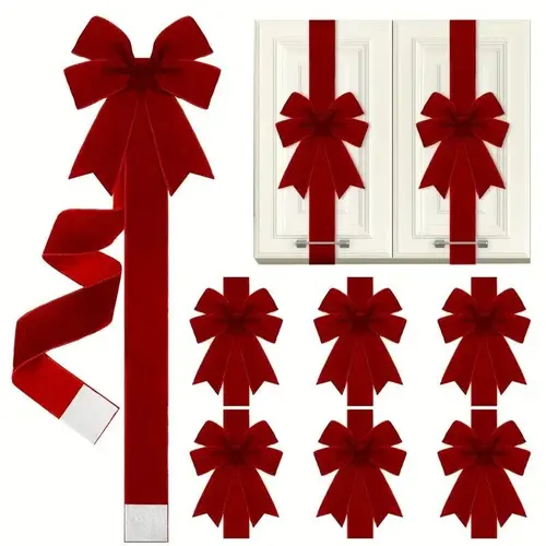 Large Size Polyester Wine Red Velvet Christmas Cabinet Door Bows & Ribbons (4/6/8 Pieces) - Large Decorative Bow Christmas Decor with Festive Elegance & Holiday Charm, for Gift Packaging, Kitchen Furniture - No-Electricity Garland Ribbon